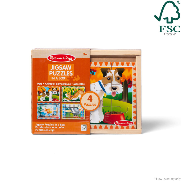 The front of the box for The Melissa & Doug Pets 4-in-1 Wooden Jigsaw Puzzles in a Storage Box (48 pcs)