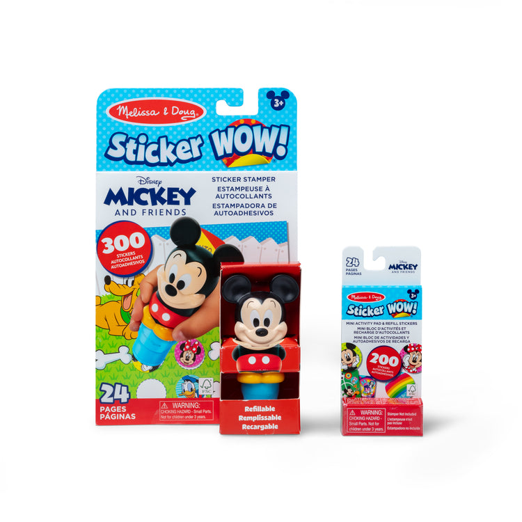 The front of the box for The Melissa & Doug Sticker WOW!™ Disney Mickey Mouse Bundle: 24-Page Activity Pad, Sticker Stamper, 500 Stickers, Mini Pad, Arts and Crafts Fidget Toy Collectible Character

