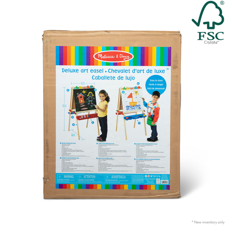 The front of the box for The Melissa & Doug Deluxe Standing Art Easel - Dry-Erase Board, Chalkboard, Paper Roller