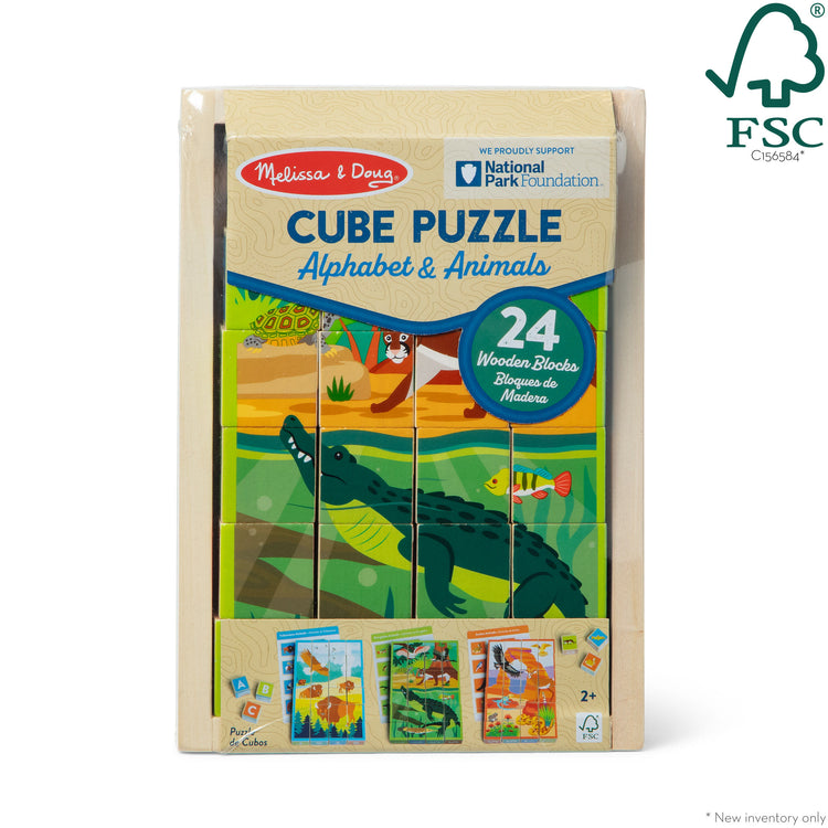 The front of the box for The Melissa & Doug National Parks Alphabet & Animals 24-Piece Cube Puzzle (Everglades, Arches, Yellowstone)