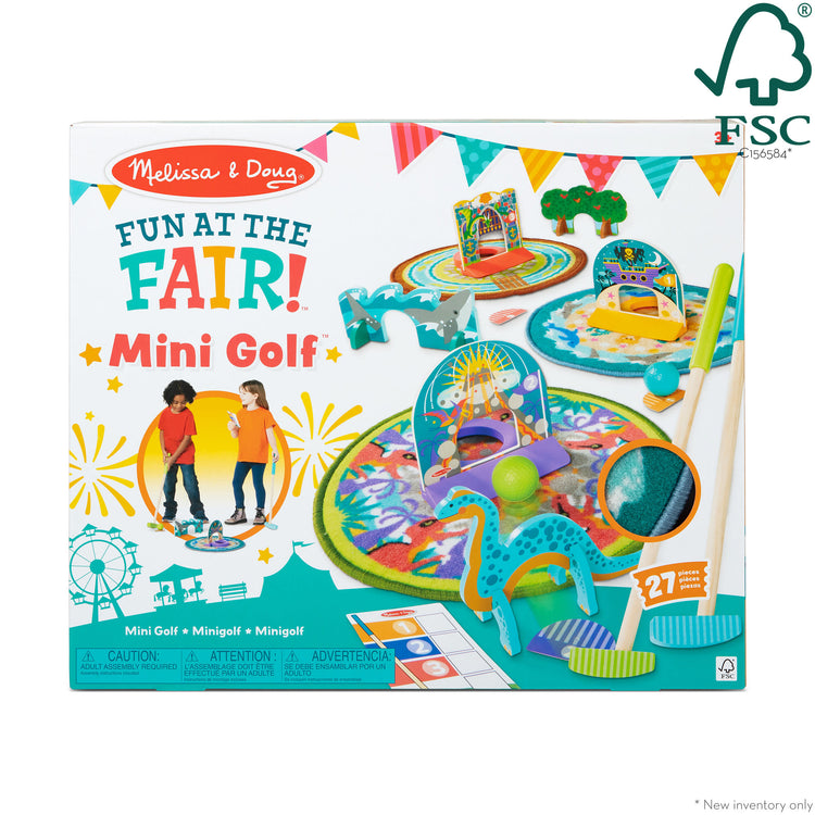 The front of the box for The Melissa & Doug Fun at the Fair! Mini Golf Play Set – 3 Multi-Themed Holes and Wooden Obstacles