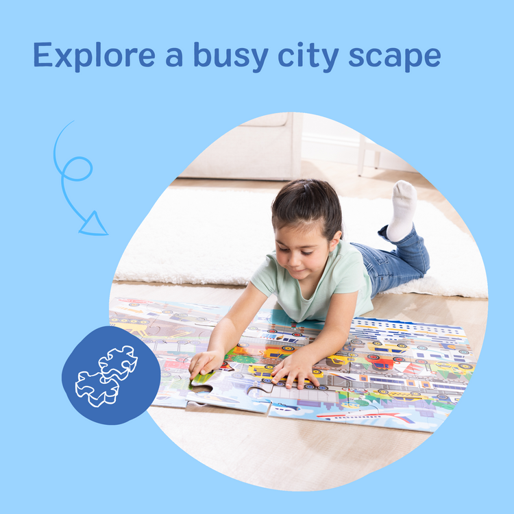 A playroom scene with The Melissa & Doug Traffic Jam, City Vehicle Themed Jumbo Floor Puzzle, 24-Piece Jigsaw Puzzle with Multiple Vehicles, 3 x 2 Foot Toddler Puzzles for Kids Ages 3+