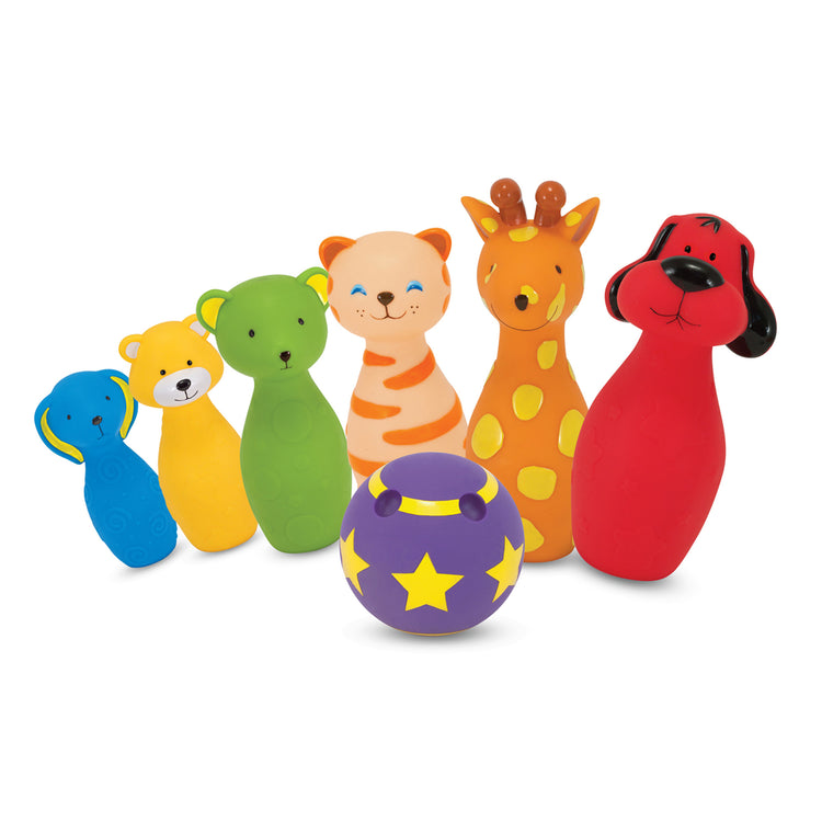 The loose pieces of The Melissa & Doug K's Kids Bowling Friends Play Set and Game With 6 Pins and Convenient Carrying Case