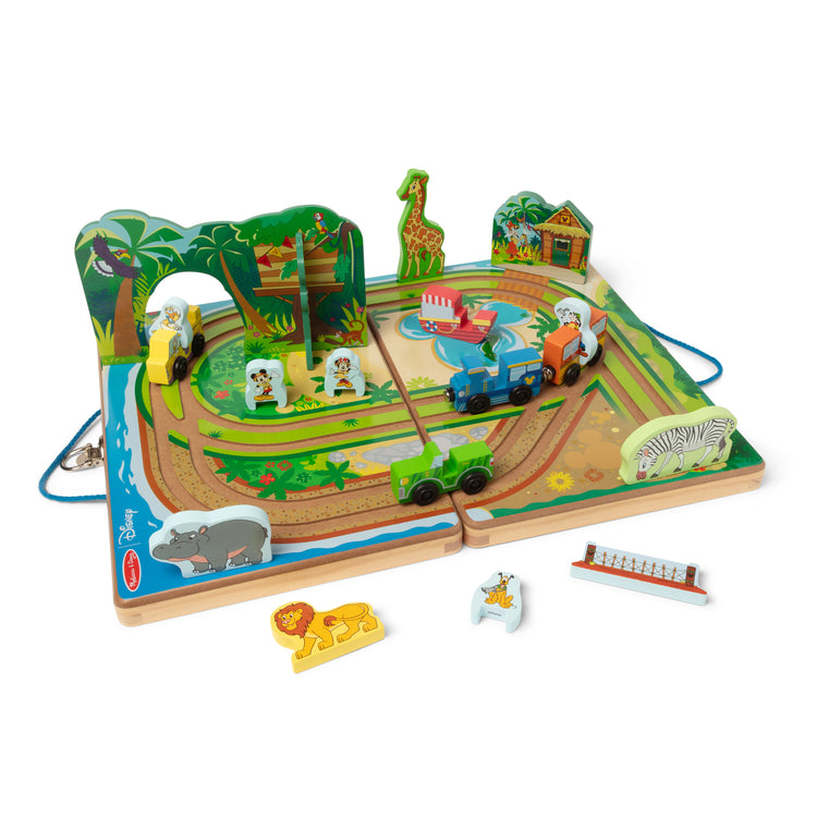 The loose pieces of The Melissa & Doug Disney Take-Along Safari Adventure Wooden Play Set with Built-In Tracks – 20 Pieces | Mickey Mouse, Minnie, Wooden Toy for Boys and for Girls 3+