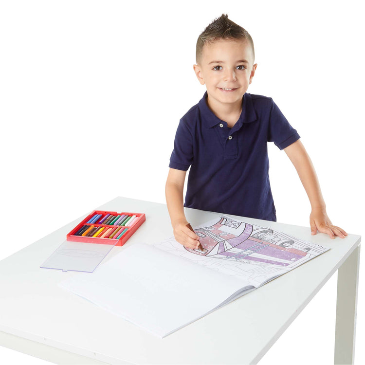A child on white background with The Melissa & Doug Jumbo Coloring Pad: Vehicles - 50 Pages of White Bond Paper (11 x 14 inches)