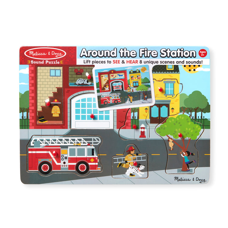 The front of the box for The Melissa & Doug Around the Fire Station Sound Puzzle - Wooden Peg Puzzle (8 pcs)