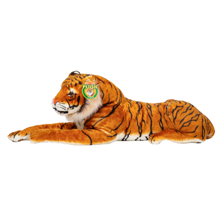 The front of the box for The Melissa & Doug Giant Tiger - Lifelike Stuffed Animal, Over 5 Feet Long (Includes Tail)