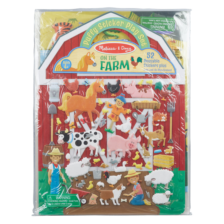 The front of the box for The Melissa & Doug Puffy Sticker Activity Books Set - Farm, Safari, and Chipmunk