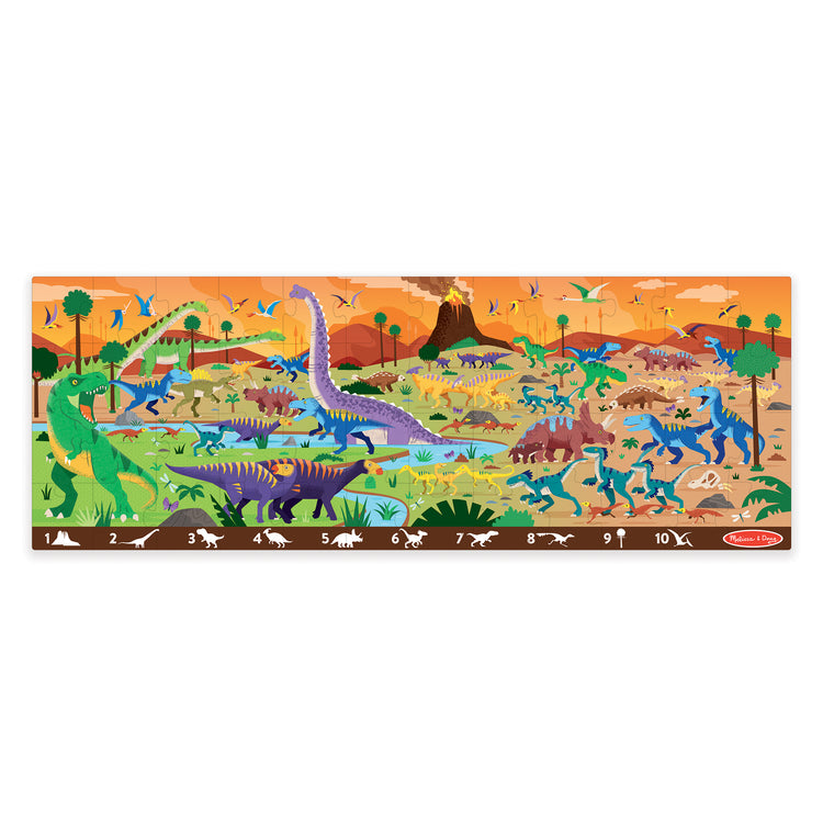 A kid playing with The Melissa & Doug Land of Dinosaurs, Dino-Themed Search and Find Jumbo Floor Puzzle, 48-Piece Jigsaw Puzzle with Learning Activity, Over 4 Ft Long, Kids Puzzles for Girls & Boys Ages 6+