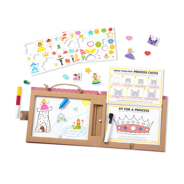 The loose pieces of The Melissa & Doug Natural Play: Play, Draw, Create Reusable Drawing & Magnet Kit – Princesses (54 Magnets, 5 Dry-Erase Markers)