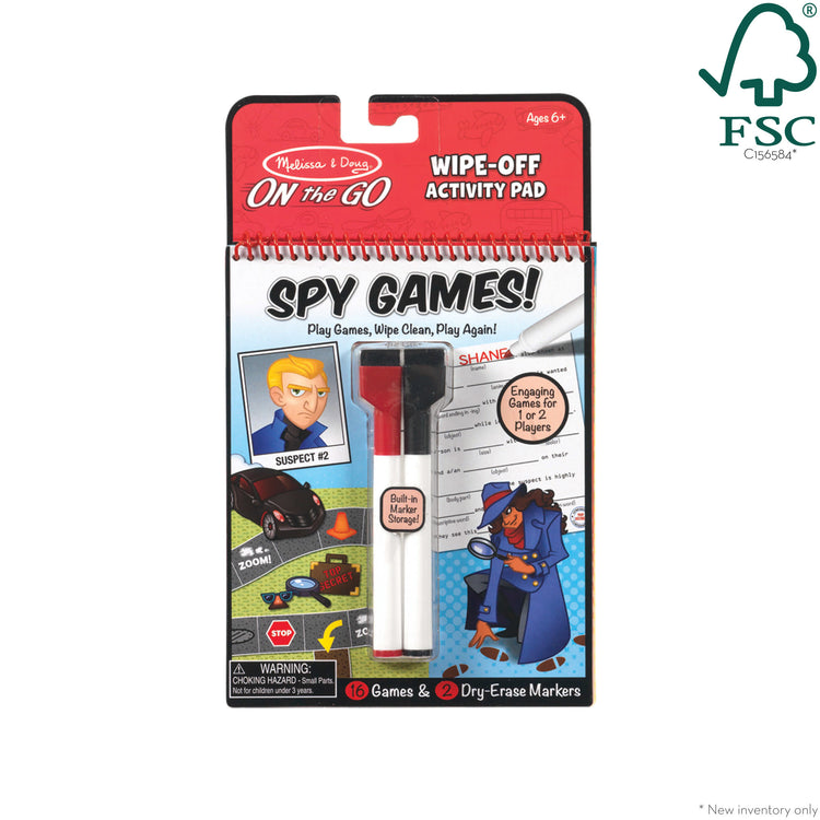 The front of the box for The Melissa & Doug On the Go Spy Games Wipe-Off Activity Pad Reusable Travel Toy with 2 Dry-Erase Markers