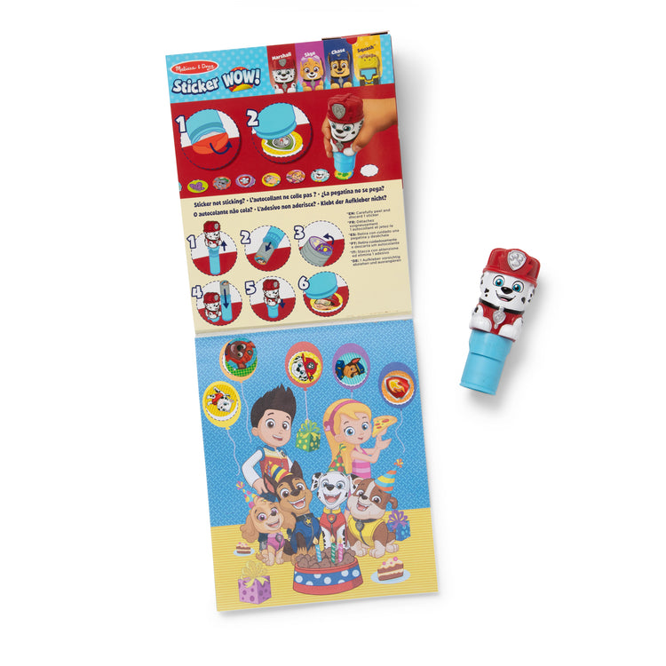 The loose pieces of The Melissa & Doug Sticker WOW!™ 24-Page Activity Pad and Sticker Stamper, 300 Stickers, Arts and Crafts Fidget Toy Collectible Character – PAW Patrol Marshall