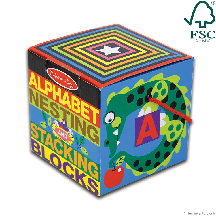 The front of the box for The Melissa & Doug Deluxe 10-Piece Alphabet Nesting and Stacking Blocks