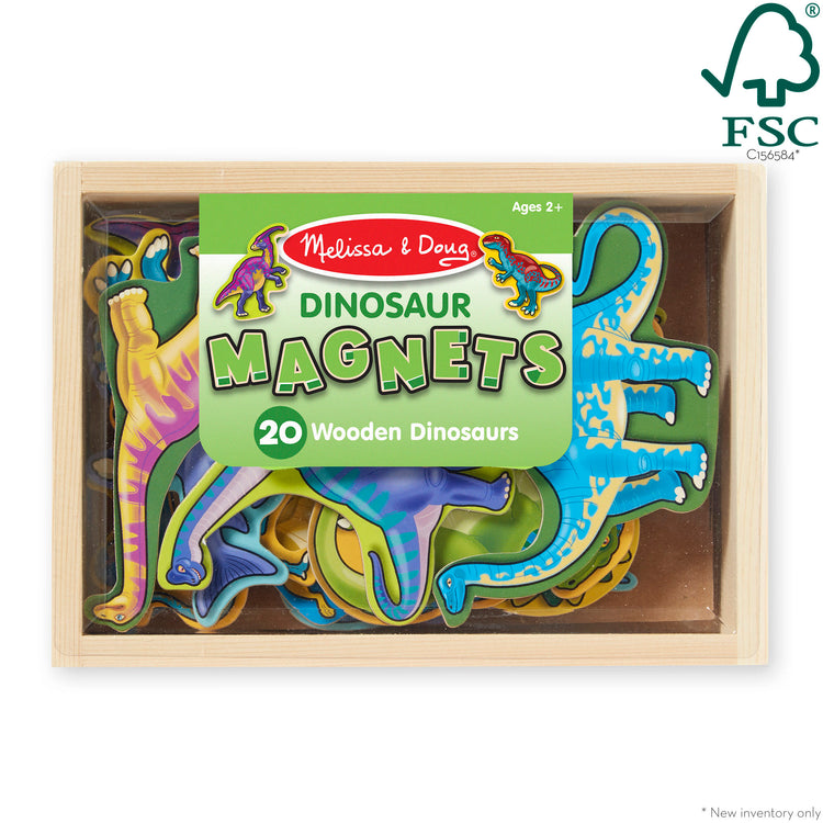 The front of the box for The Melissa & Doug Magnetic Wooden Dinosaurs in a Wooden Storage Box (20 pcs)