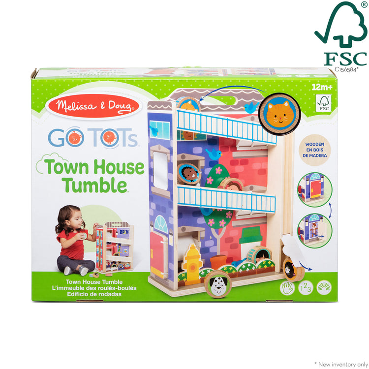 The front of the box for The Melissa & Doug GO Tots Wooden Town House Tumble with 6 Disks