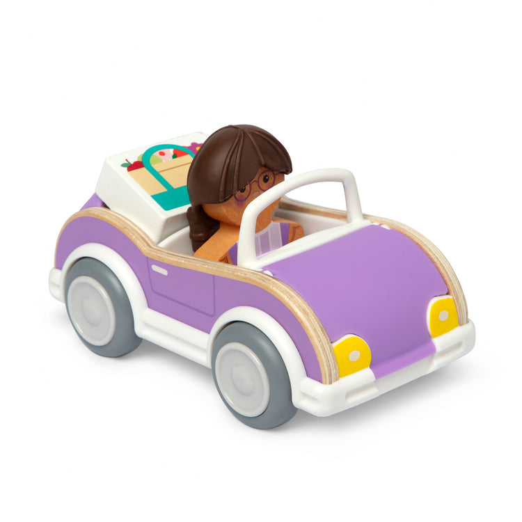 The loose pieces of The Melissa & Doug Cheery Lane Vehicle and Girl Figure, Wooden Toy Convertible Car Playset - For Ages 2+
