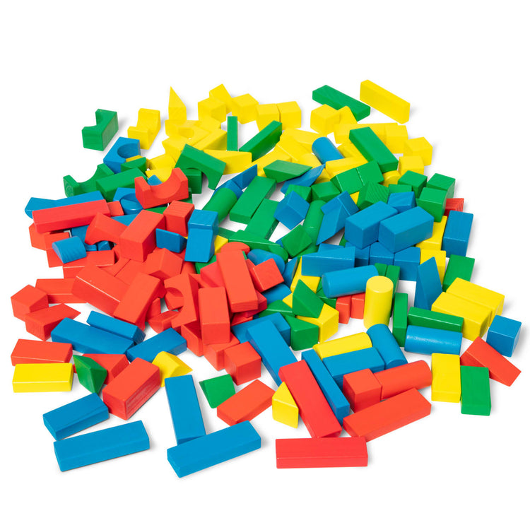 The loose pieces of the Melissa & Doug Wooden Building Block Set - 200 Blocks in 4 Colors and 9 Shapes