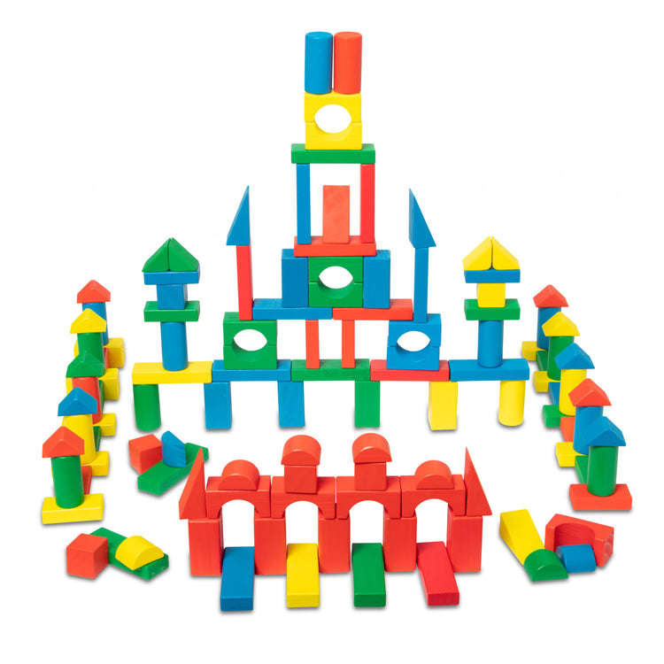 The loose pieces of the Melissa & Doug Wooden Building Block Set - 200 Blocks in 4 Colors and 9 Shapes