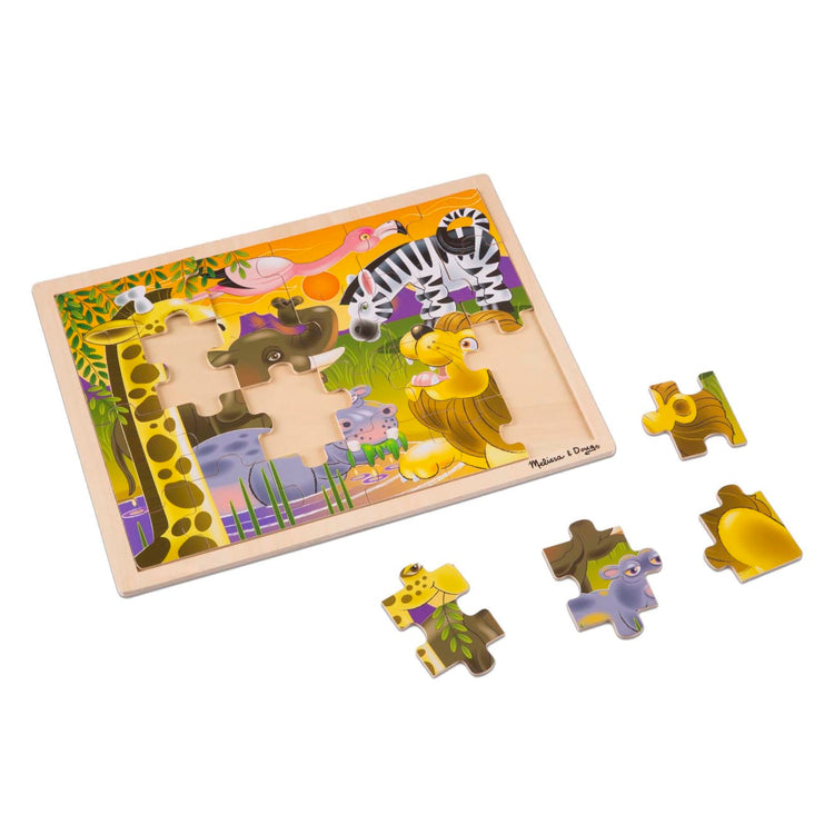 The loose pieces of the Melissa & Doug African Plains Safari Wooden Jigsaw Puzzle With Storage Tray (24 pcs)