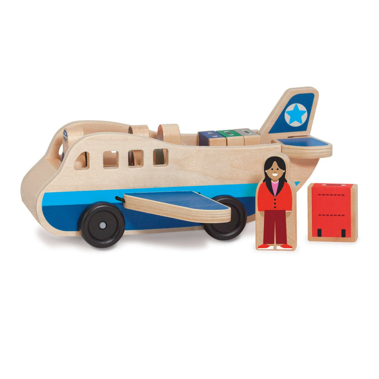 An assembled or decorated the Melissa & Doug Wooden Airplane Play Set With 4 Play Figures and 4 Suitcases