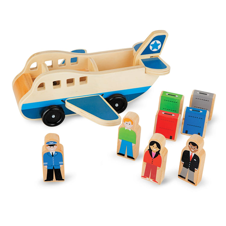The loose pieces of the Melissa & Doug Wooden Airplane Play Set With 4 Play Figures and 4 Suitcases