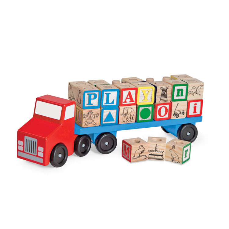An assembled or decorated the Melissa & Doug Alphabet Blocks Wooden Truck Educational Toy