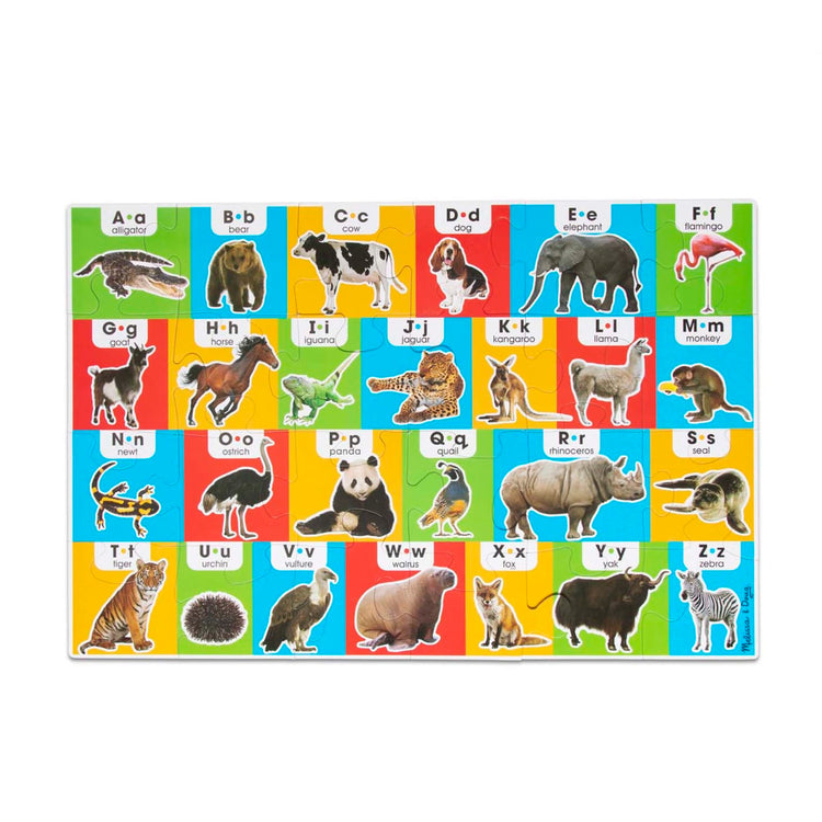 An assembled or decorated the Melissa & Doug Animal Alphabet Floor Puzzle (Easy-Clean Surface, Promotes Hand-Eye Coordination, 24 Pieces, 36” L x 24” W)