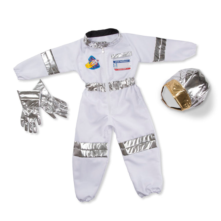 The loose pieces of the Melissa & Doug Astronaut Costume Role Play Space Set (5 pcs) - Jumpsuit, Helmet, Gloves, Name Tag