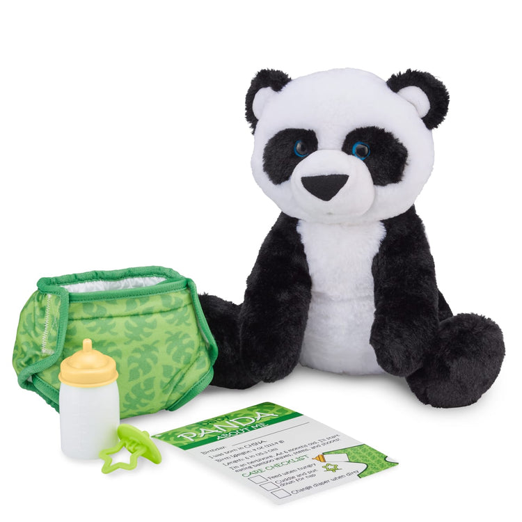 The loose pieces of the Melissa & Doug 11-Inch Baby Panda Plush Stuffed Animal with Pacifier, Diaper, Baby Bottle