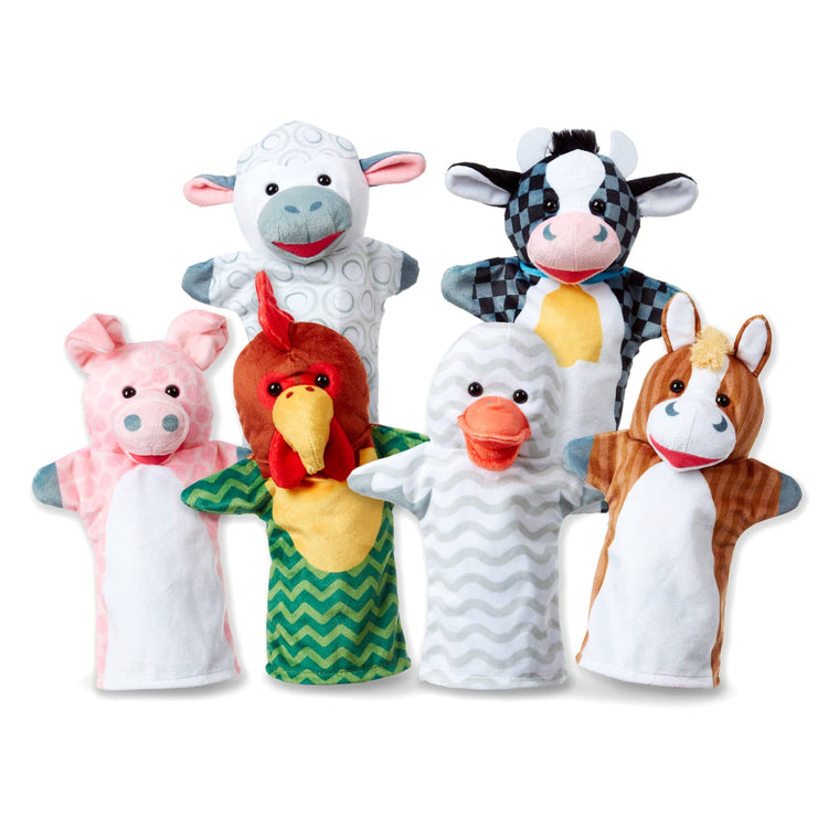 The loose pieces of the Melissa & Doug Barn Buddies Hand Puppets, Set of 6 (Cow, Sheep, Horse, Duck, Chicken, Pig)
