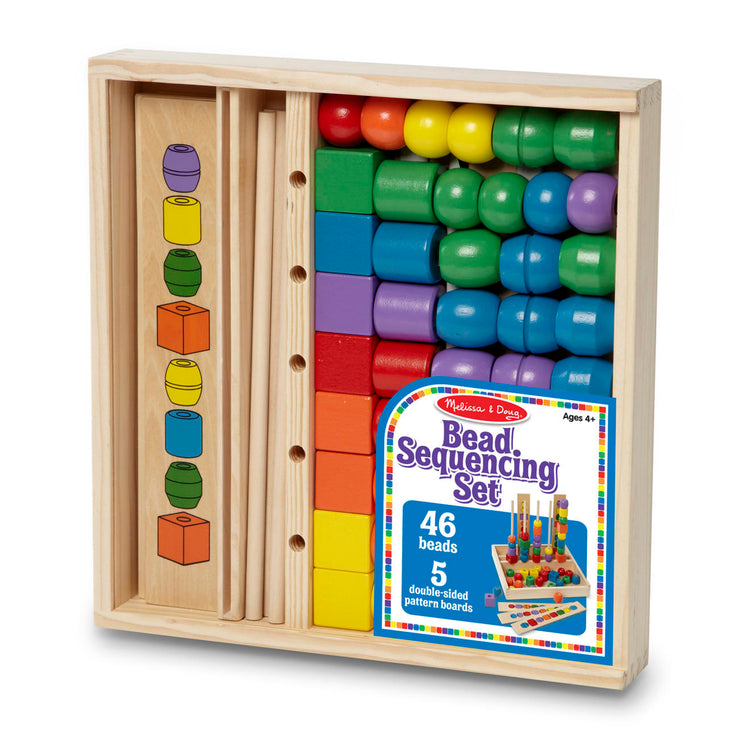 the Melissa & Doug Bead Sequencing Set With 46 Wooden Beads and 5 Double-Sided Pattern Boards
