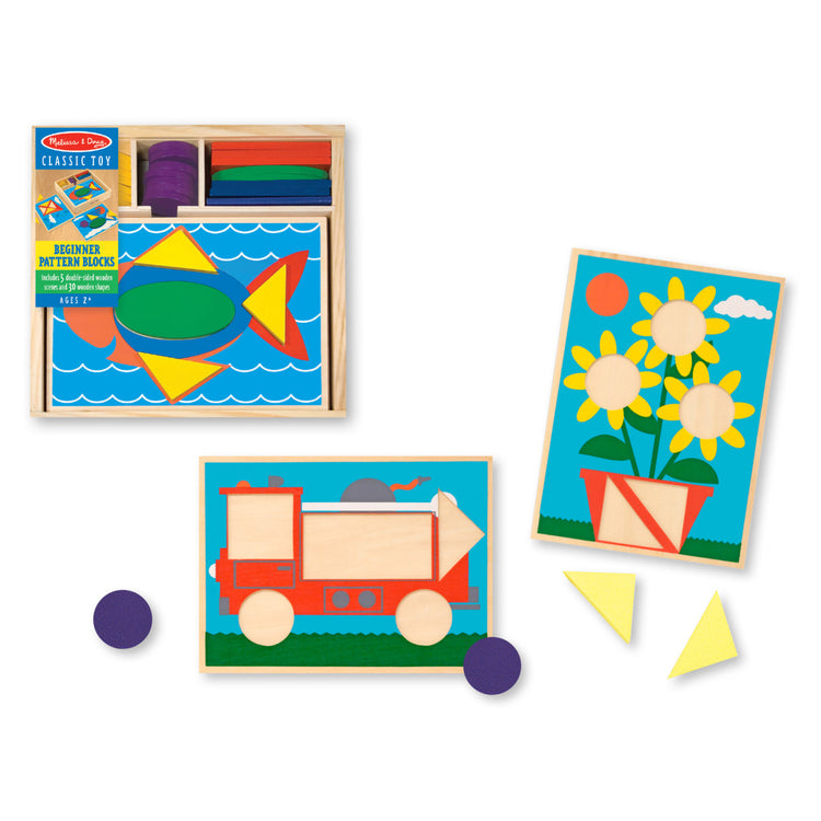 The front of the box for the Melissa & Doug Beginner Wooden Pattern Blocks Educational Toy With 5 Double-Sided Scenes and 30 Shapes