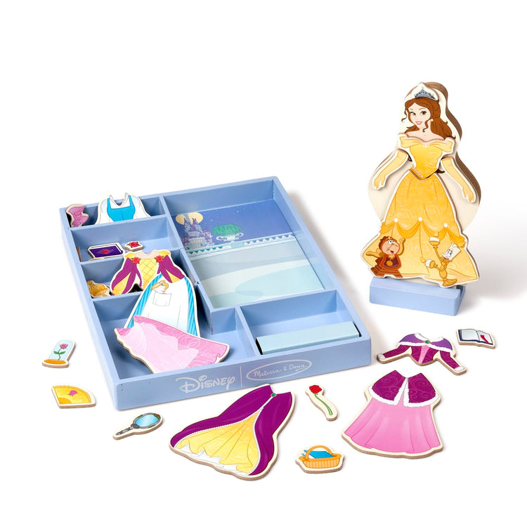 The loose pieces of the Melissa & Doug Disney Belle Magnetic Dress-Up Wooden Doll Pretend Play Set