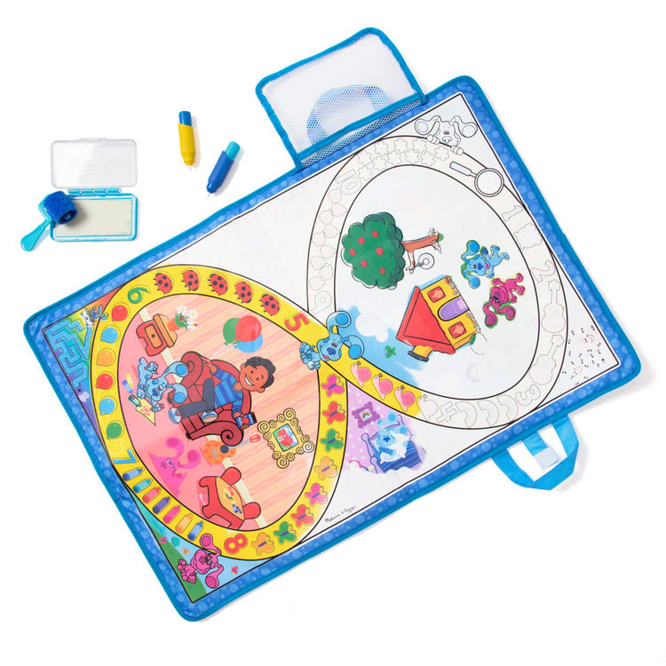 The loose pieces of the Melissa & Doug Blue's Clues & You! Water Wow! Activity Mat (20 Inches x 30 Inches) With Reusable Water Reveal Surface