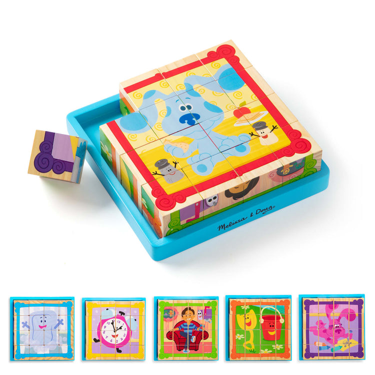 The loose pieces of the Melissa & Doug Blue's Clues & You! Wooden Cube Puzzle (16 Pieces)