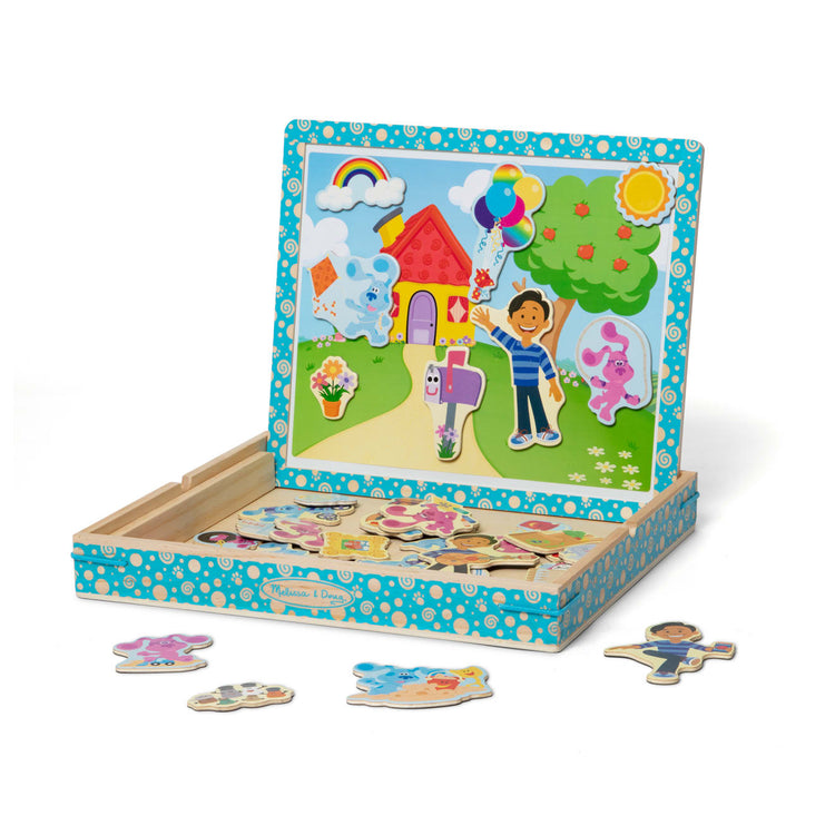 The loose pieces of the Melissa & Doug Blue's Clues & You! Wooden Magnetic Picture Game (48 Pieces)
