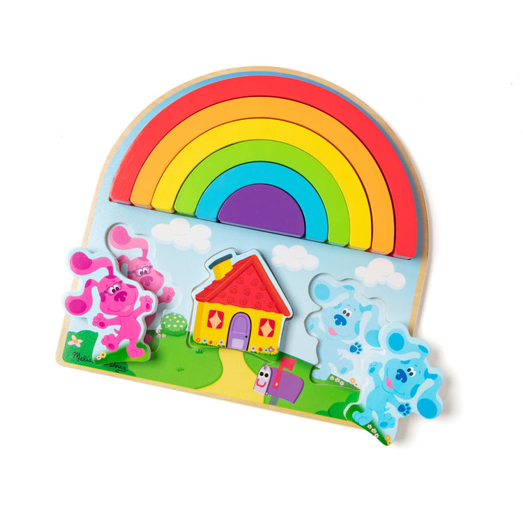 The loose pieces of the Melissa & Doug Blue's Clues & You! Wooden Rainbow Stacking Puzzle (9 Pieces)