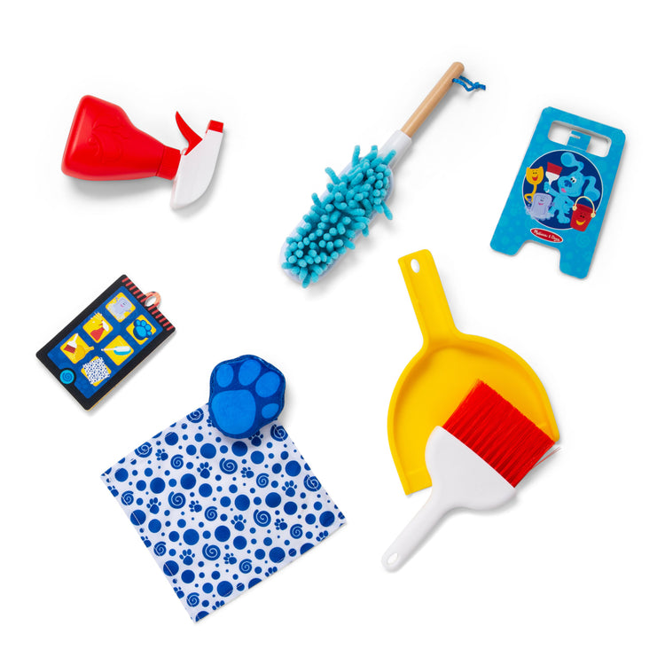 The loose pieces of the Melissa & Doug Blue’s Clues & You! Clean-Up Time Play Set