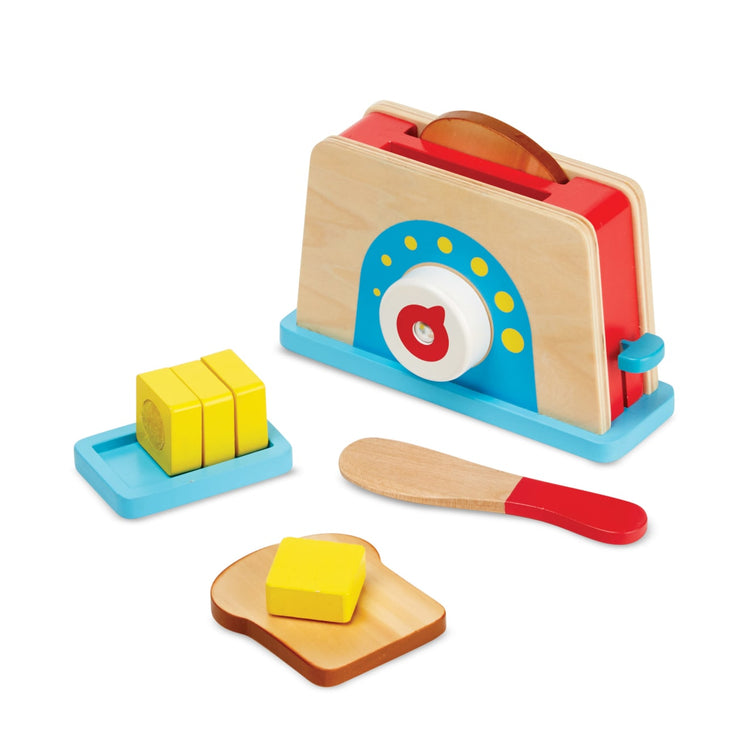 The loose pieces of the Melissa & Doug Bread and Butter Toaster Set (9 pcs) - Wooden Play Food and Kitchen Accessories