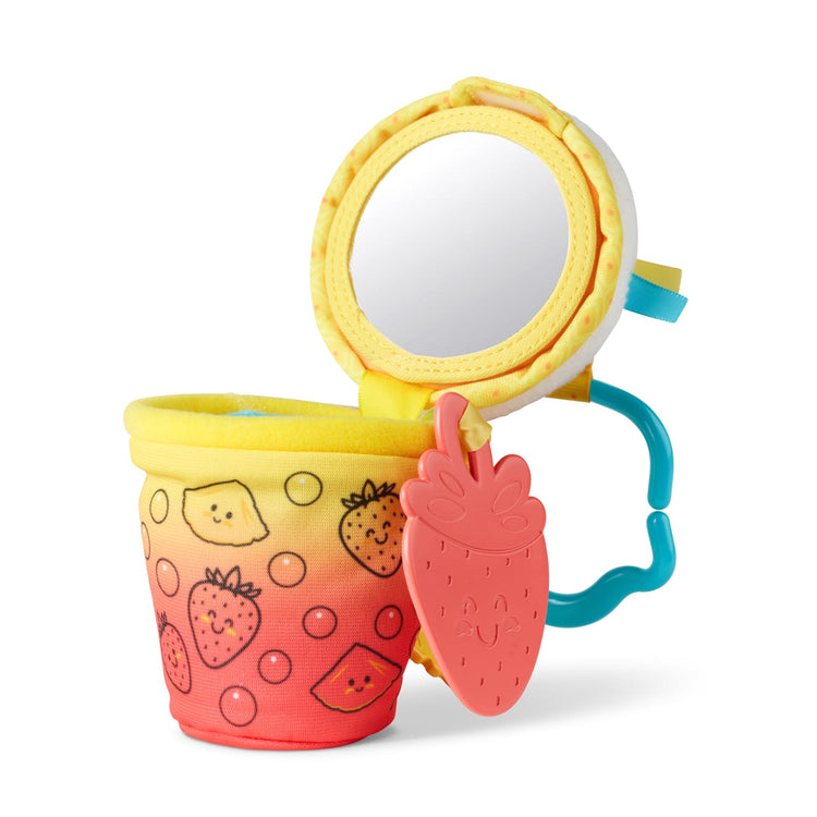 The loose pieces of the Melissa & Doug Multi-Sensory Bubble Tea Take-Along Clip-On Infant Toy