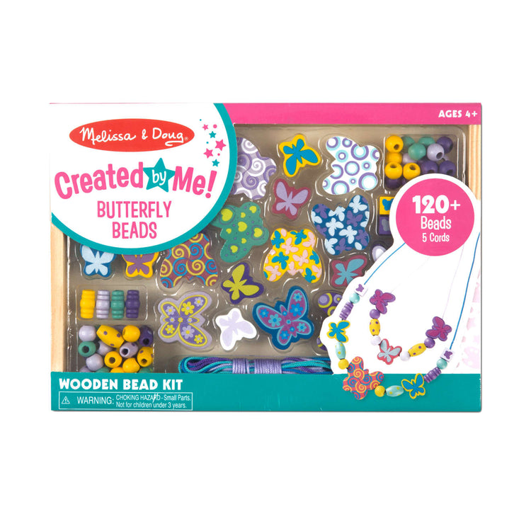 The front of the box for the Melissa & Doug Created by Me! Butterfly Beads Wooden Bead Kit, 150+ Beads for Jewelry-Making