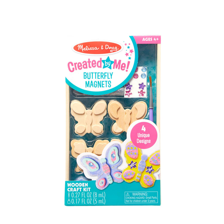 the Melissa & Doug Created by Me! Wooden Butterfly Magnets Craft Kit (4 Designs, 4 Paints, Stickers, Glitter Glue)