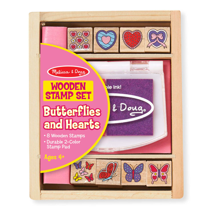 The front of the box for the Melissa & Doug Butterfly and Heart Wooden Stamp Set: 8 Stamps and 2-Color Stamp Pad