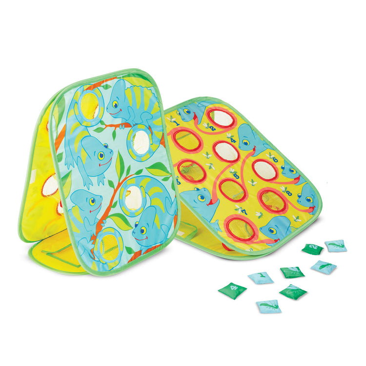 The loose pieces of the Melissa & Doug Sunny Patch Camo Chameleon Bean Bag Toss Action Game