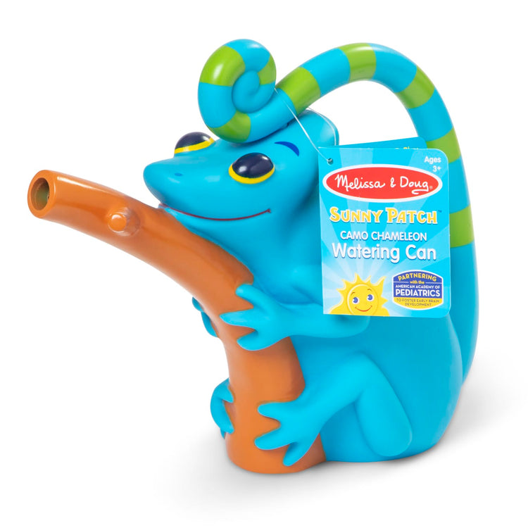 the Melissa & Doug Sunny Patch Camo Chameleon Watering Can With Tail Handle and Branch-Shaped Spout
