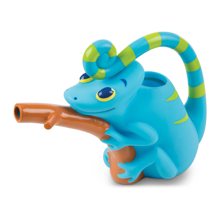 The loose pieces of the Melissa & Doug Sunny Patch Camo Chameleon Watering Can With Tail Handle and Branch-Shaped Spout