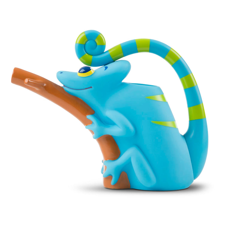 The loose pieces of the Melissa & Doug Sunny Patch Camo Chameleon Watering Can With Tail Handle and Branch-Shaped Spout