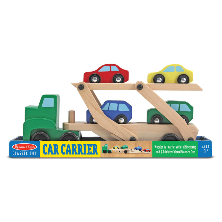 the Melissa & Doug Car Carrier Truck and Cars Wooden Toy Set With 1 Truck and 4 Cars