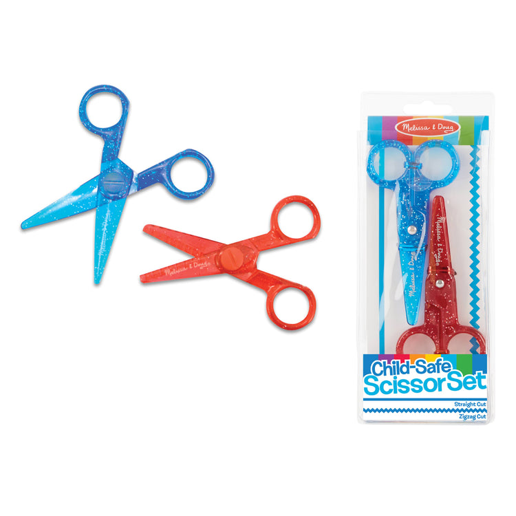 The loose pieces of the Melissa & Doug Child-Safe Scissors - Child-Friendly Scissors, Lefty and Righty, Set of 2