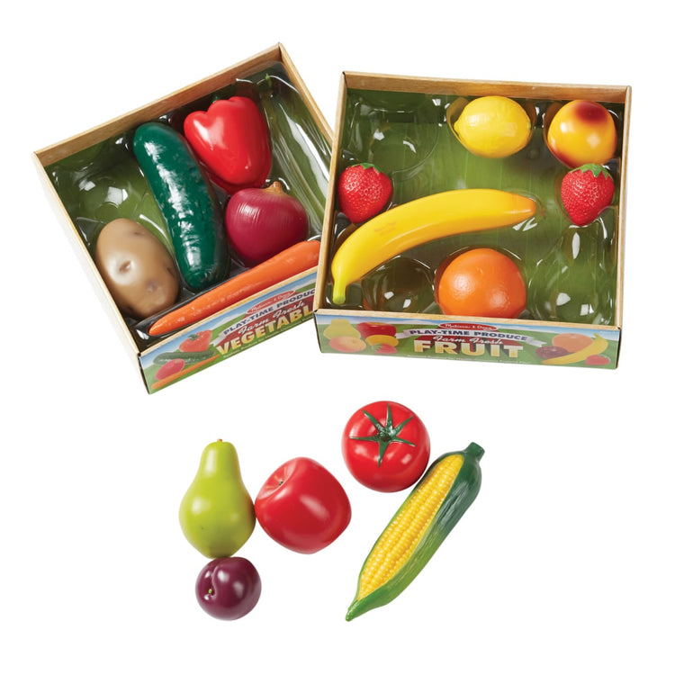 The loose pieces of the Melissa & Doug Play-Time Produce Fruit (9 pcs) and Vegetables (7 pcs) Realistic Play Food